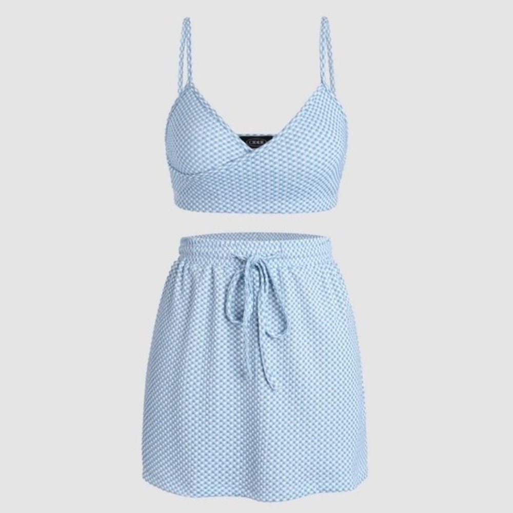 CIDER Plaid Blue & White Printed Coord top and skirt set